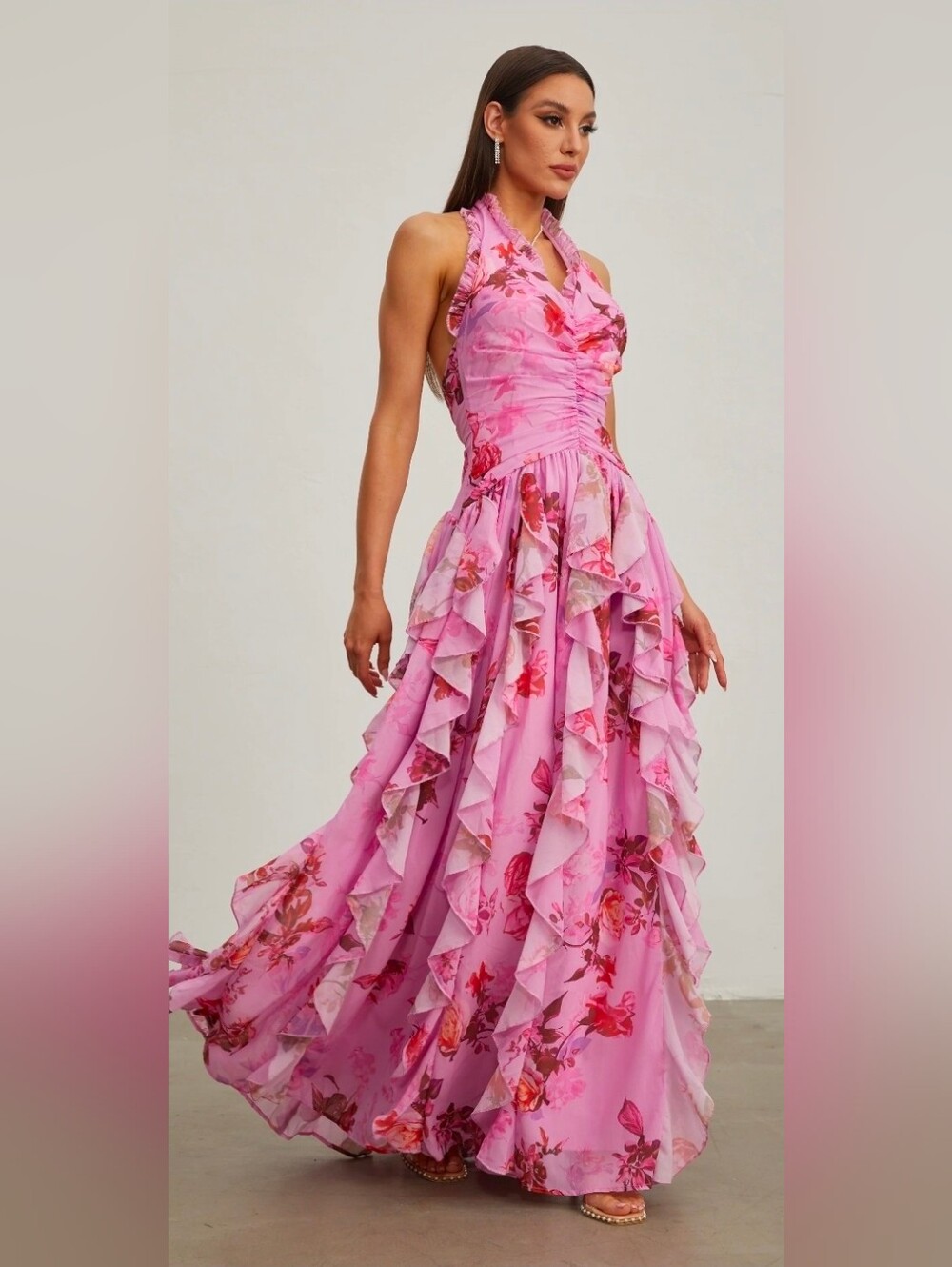 Eulalie Pink Petal Ruffled Halter Maxi Dress